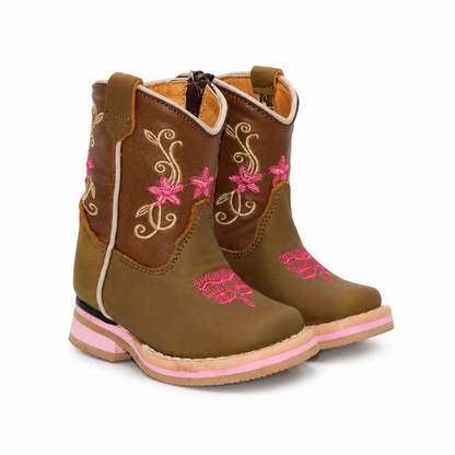 H511 handcrafted genuine leather girls brown and pink floral baby Western boots