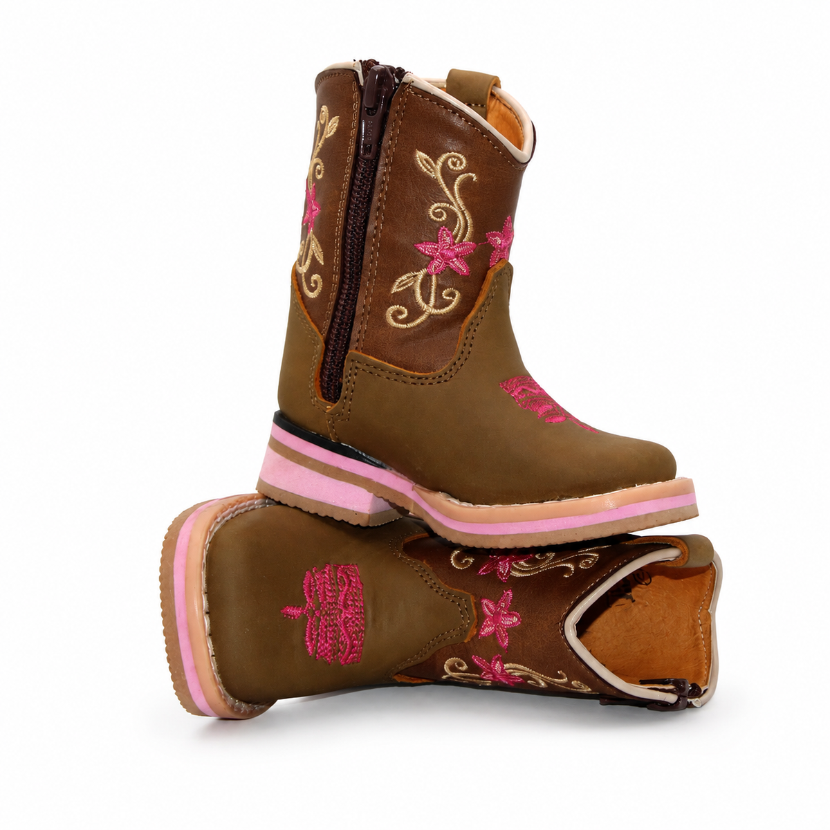 H511 handcrafted girls baby Western boots showing side zipper and floral embroidery