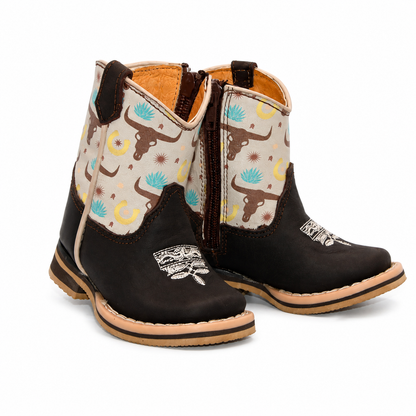 H512 handcrafted genuine leather black and cream longhorn print baby Western boots