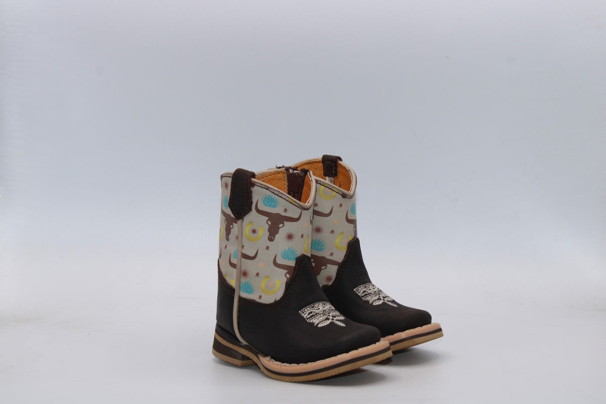 Pair view of H512 genuine leather longhorn print baby cowboy boots