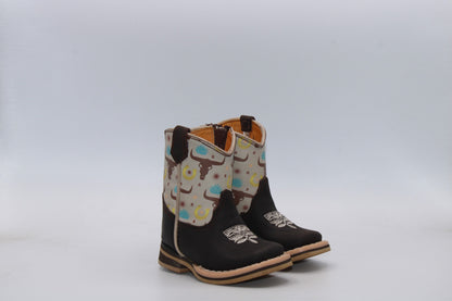 Pair view of H512 genuine leather longhorn print baby cowboy boots