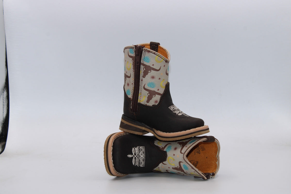 Side zipper view of H512 genuine leather longhorn print baby boots