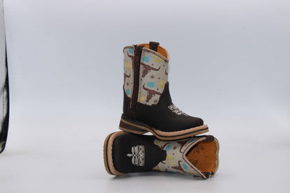 Side zipper view of H512 genuine leather longhorn print baby boots