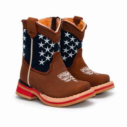 Front view of H514 handcrafted genuine leather baby cowboy boots with star embroidery