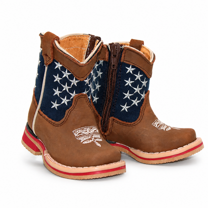 H514 handcrafted genuine leather baby square toe Western boots in brown and navy