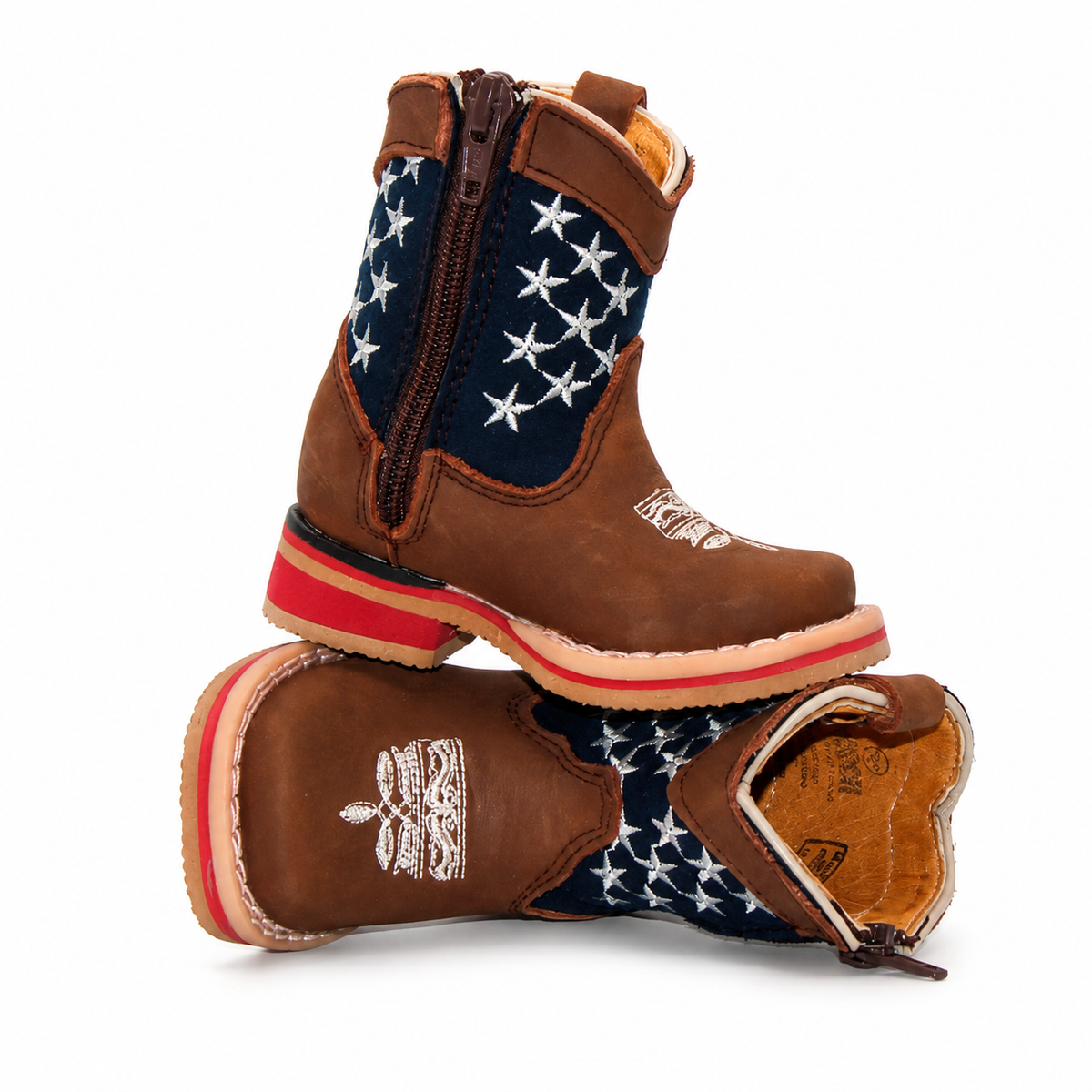 Stacked view of H514 genuine leather baby cowboy boots with side zipper