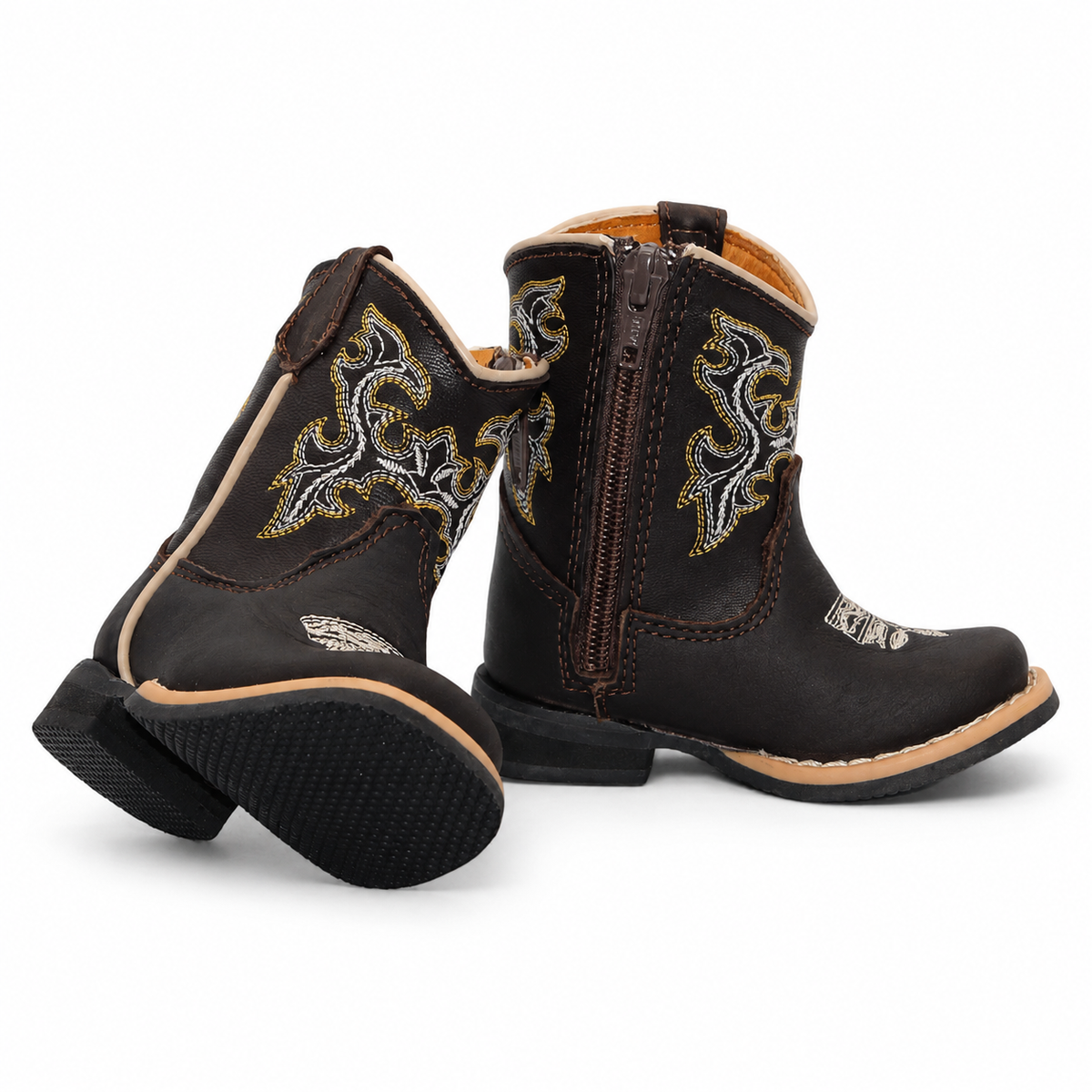 H516 baby boys chocolate leather Western boots with side zipper and rubber sole