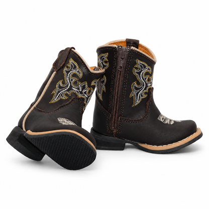 H516 baby boys chocolate leather Western boots with side zipper and rubber sole