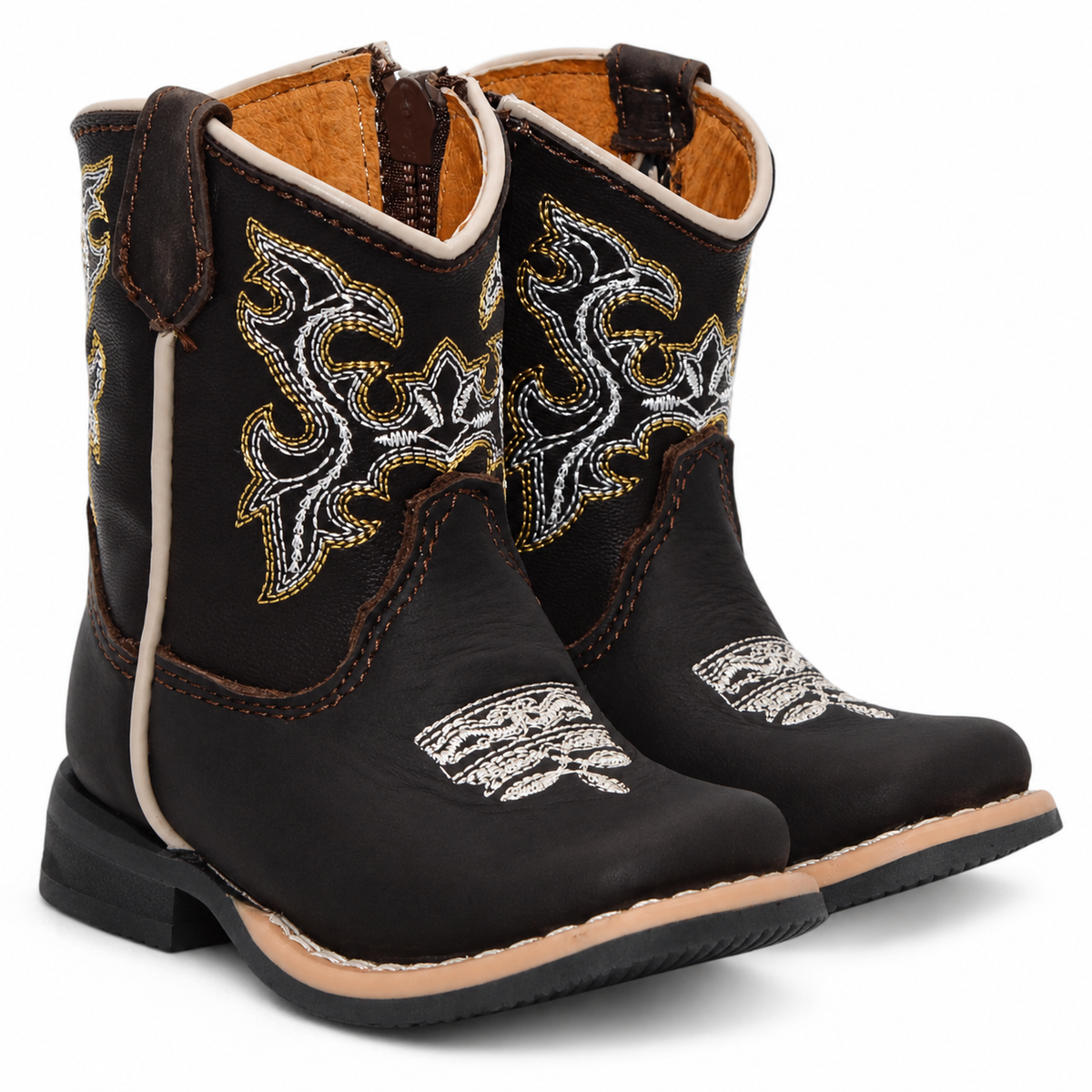 Baby boys genuine leather square toe Western boots in chocolate H516
