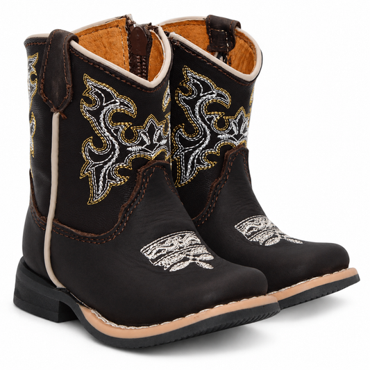 Baby boys genuine leather square toe Western boots in chocolate H516