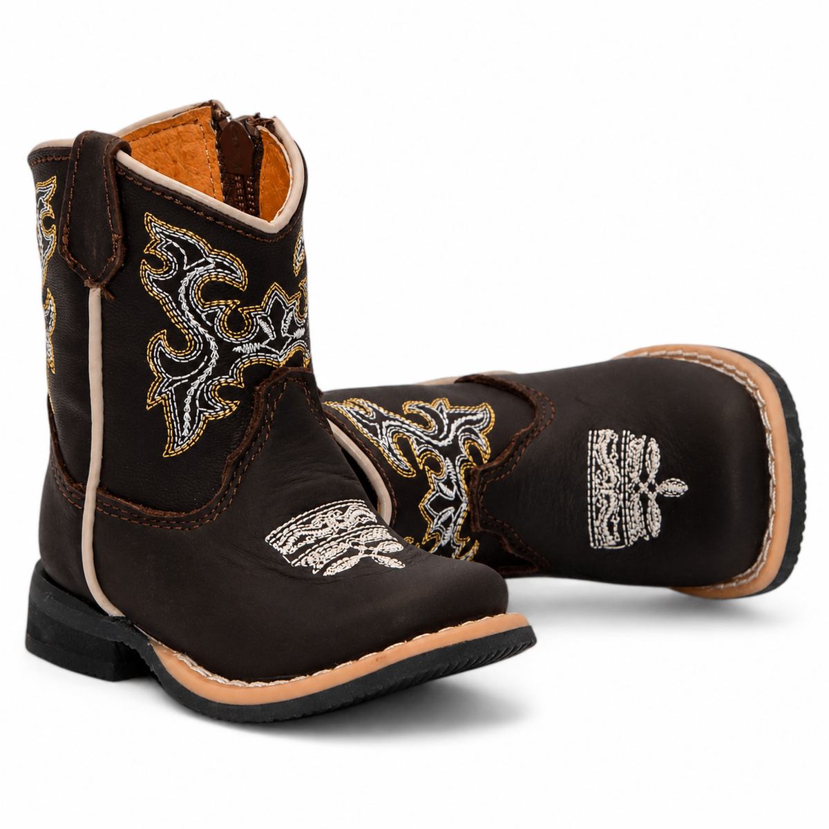 Side and toe view of H516 baby boys chocolate genuine leather Western boots