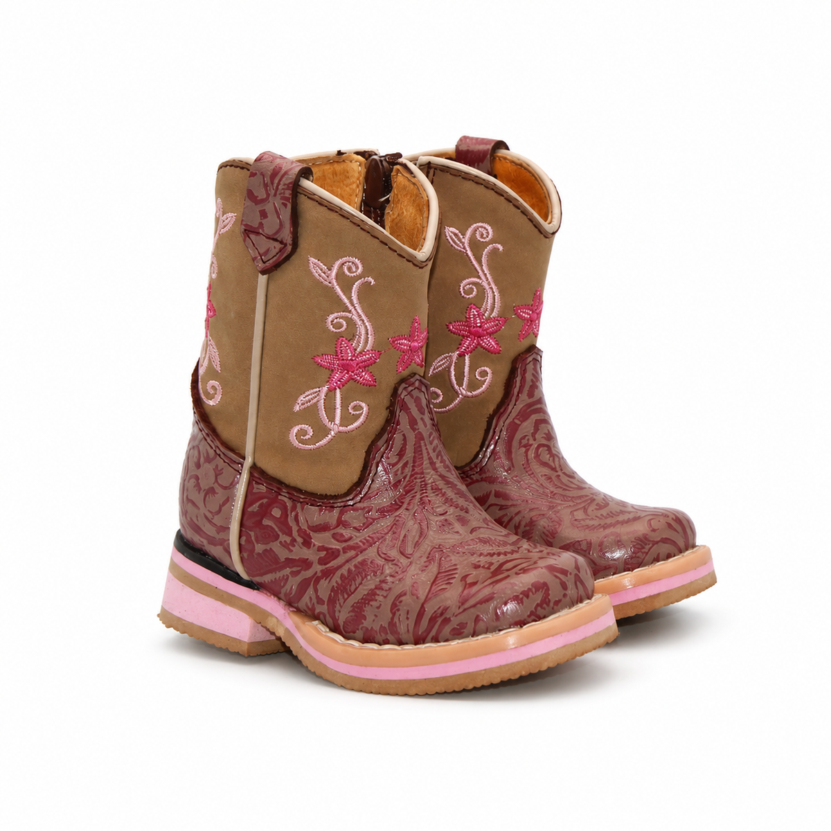 H517 handcrafted genuine leather taupe and pink floral baby Western boots