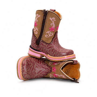 Stacked view of H517 handcrafted floral leather baby Western boots
