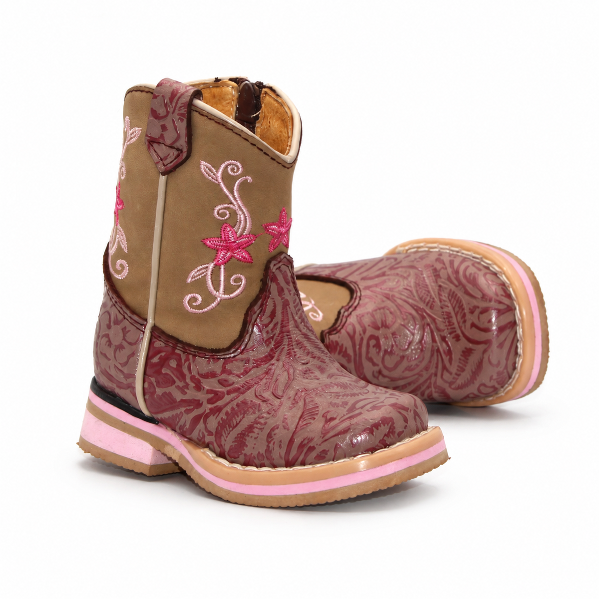 Toe and floral pattern view of H517 genuine leather baby cowboy boots