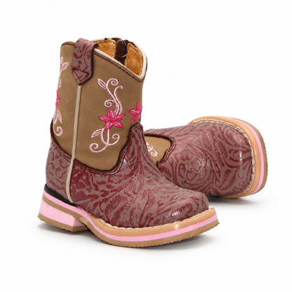 Toe and floral pattern view of H517 genuine leather baby cowboy boots