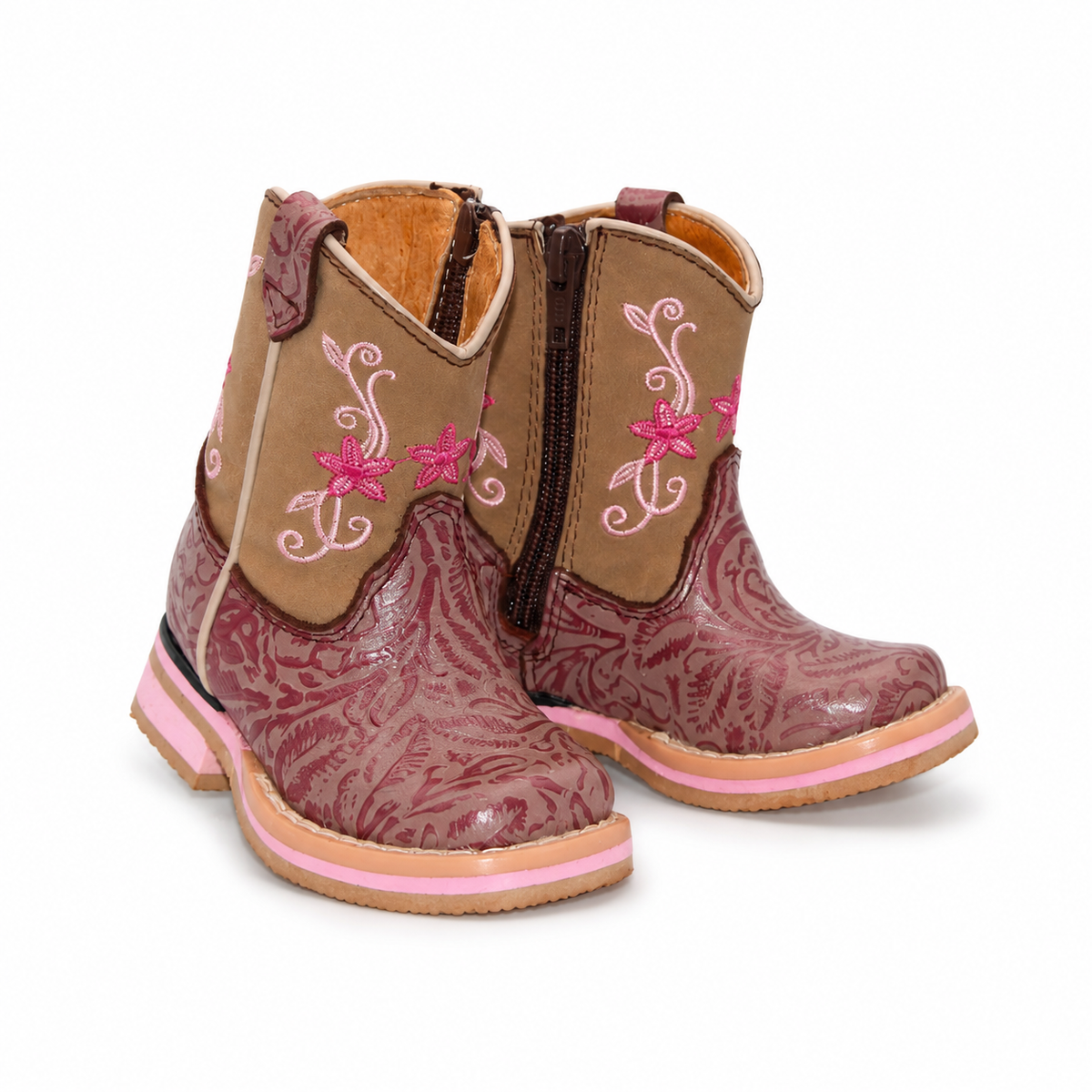 H517 baby Western boots showing pink floral embroidery and side zipper
