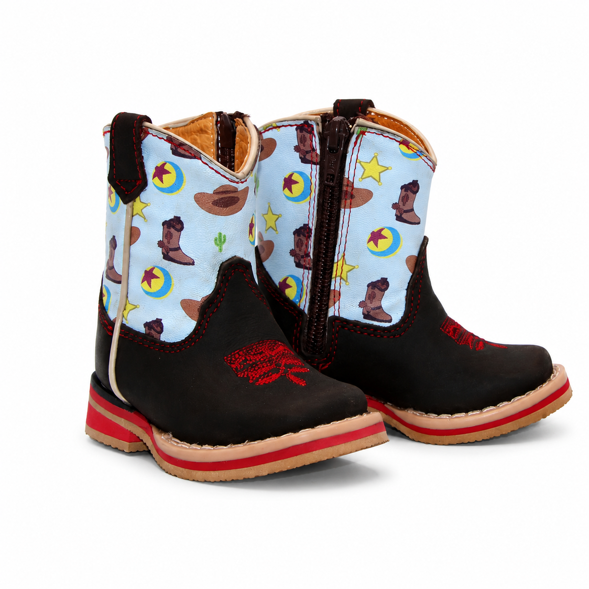 H518 baby cowboy boots showing side zipper, red stitching and blue printed shaft