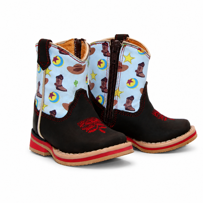 H518 baby cowboy boots showing side zipper, red stitching and blue printed shaft