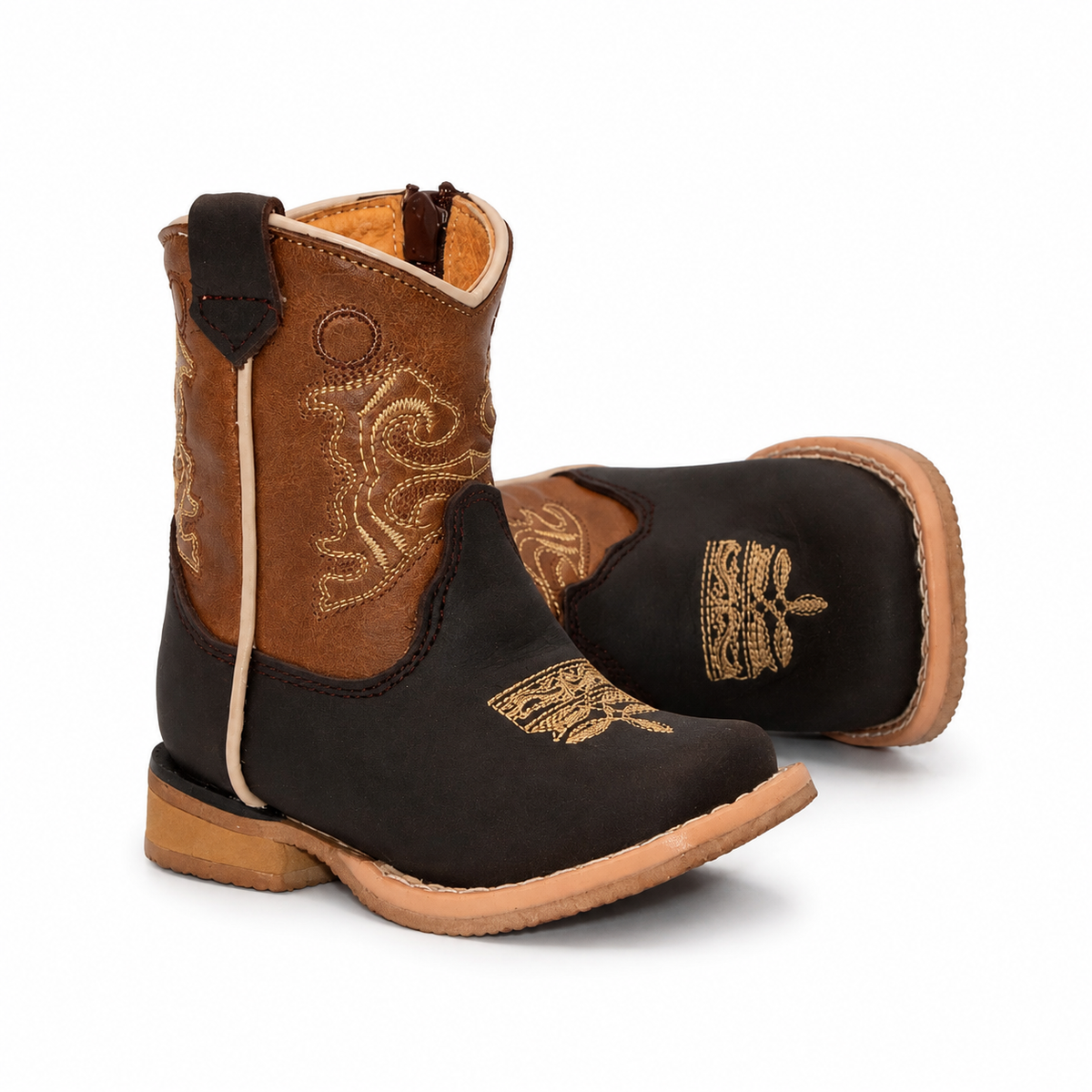 Toe and embroidery view of H519 handcrafted brown leather baby Western boots