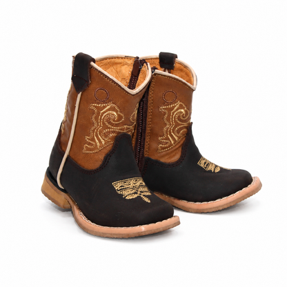 H519 brown genuine leather baby cowboy boots showing side zipper and gold embroidery