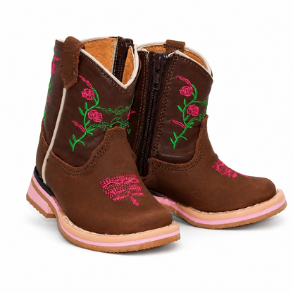 Front view of H520 genuine leather floral baby square toe boots