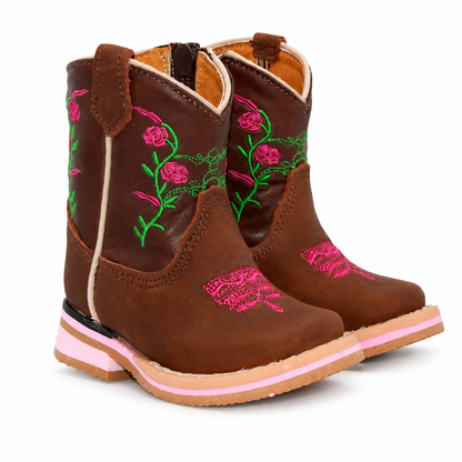 H520 handcrafted genuine leather brown floral baby Western boots