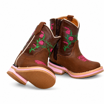 H520 baby cowboy boots showing floral embroidery, side zipper and rubber outsole