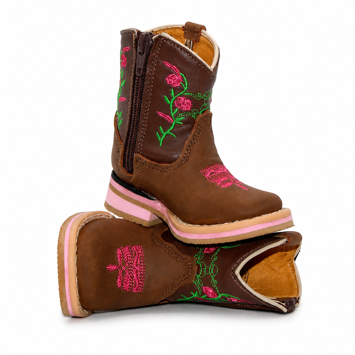 Stacked view of H520 handcrafted brown floral baby Western boots