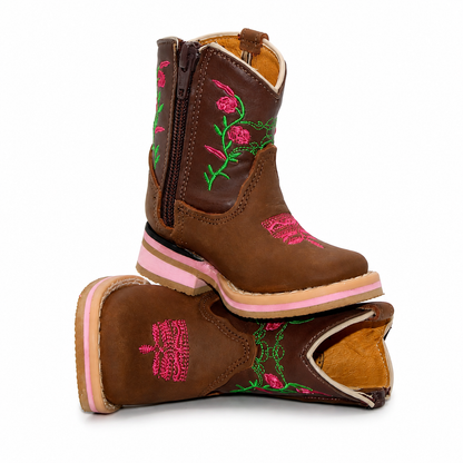 Stacked view of H520 handcrafted brown floral baby Western boots