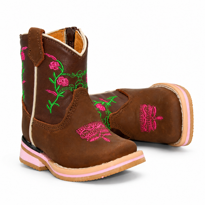 Toe embroidery view of H520 handcrafted brown leather baby Western boots
