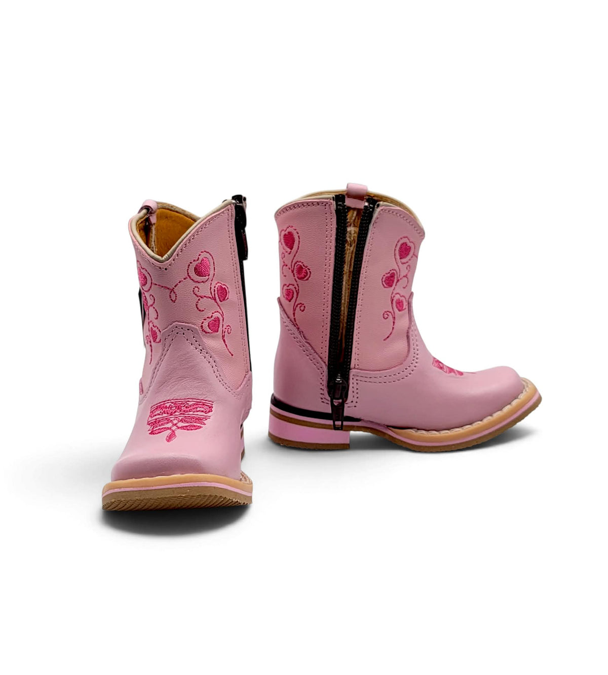Front and side views of H530 pink genuine leather baby Western boots