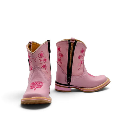 Front and side views of H530 pink genuine leather baby Western boots
