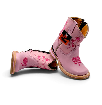 Stacked view of H530 handcrafted pink leather baby cowboy boots