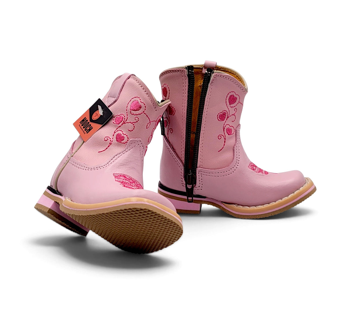 H530 pink genuine leather baby cowboy boots showing side zipper and heart embroidery