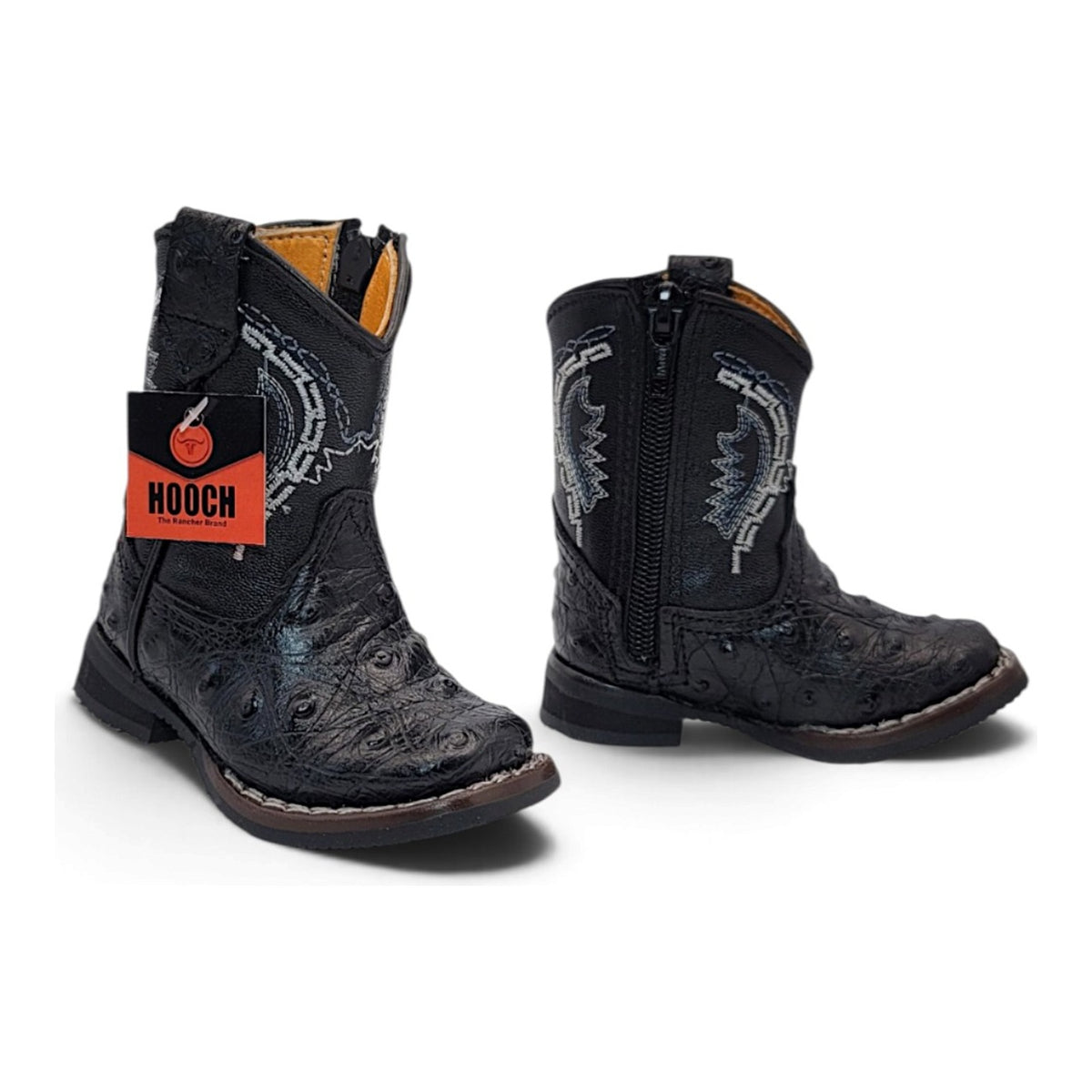 H537 black ostrich-print baby western boots side view