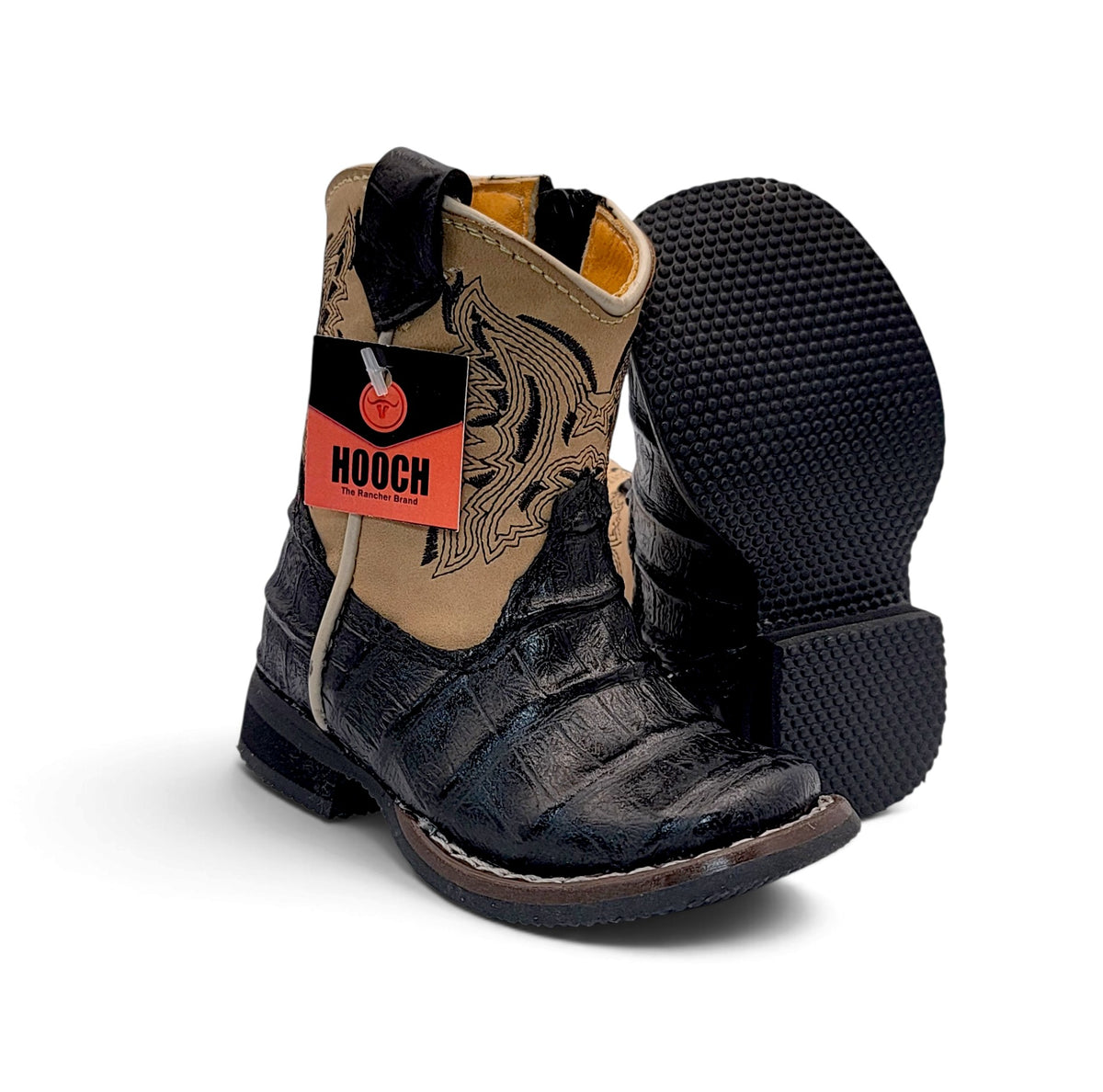 H539 Black baby Western boots showing the textured rubber outsole