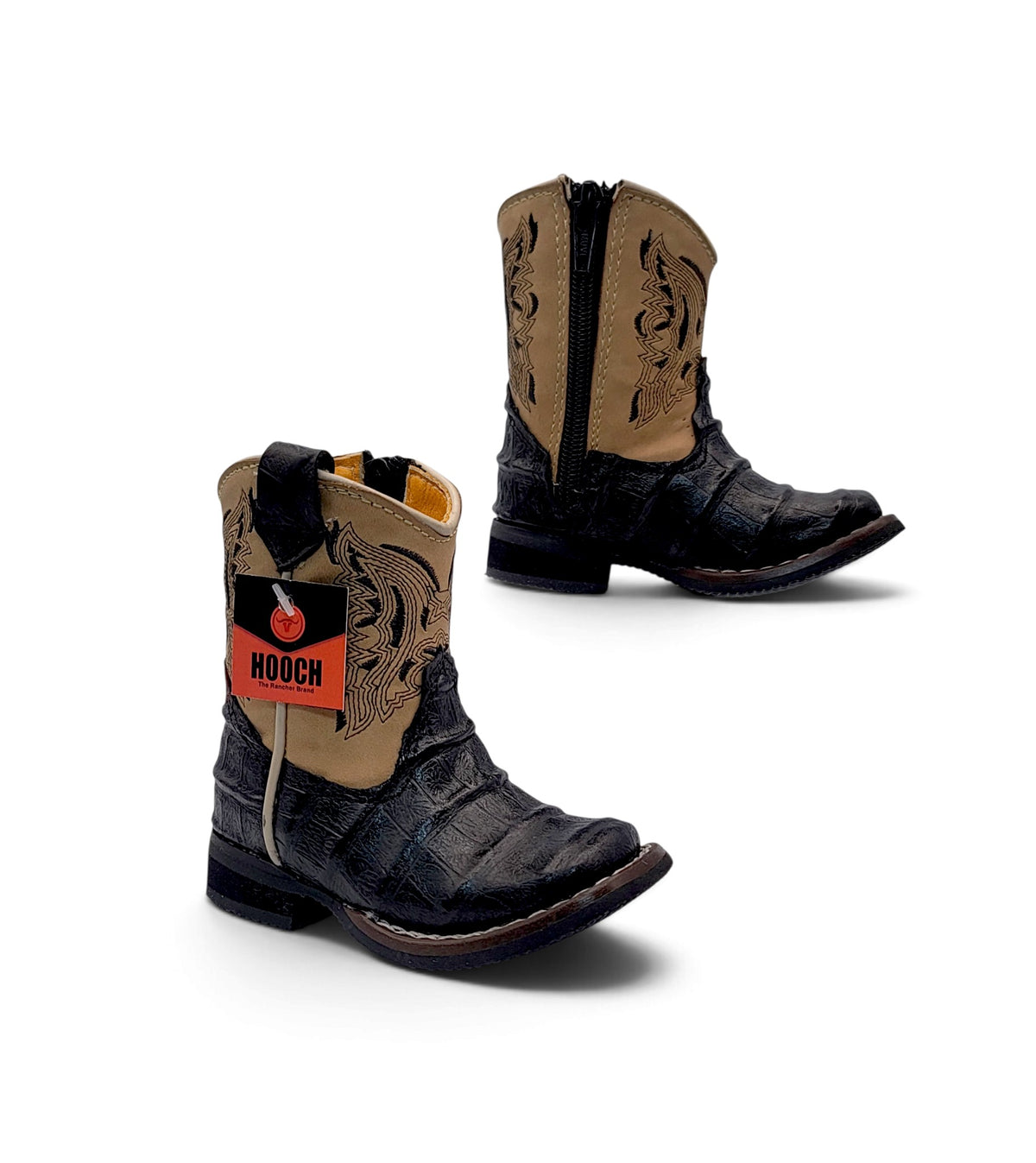 Pair view of H539 handcrafted Black caiman belly print baby boots