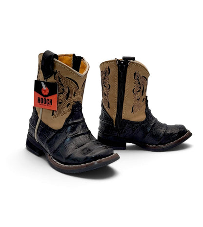 Side zipper view of H539 Black caiman belly print baby cowboy boots