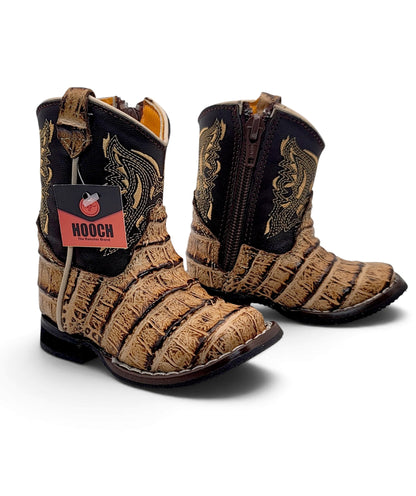 Detailed pair view of H540 handcrafted Orix caiman belly print baby boots
