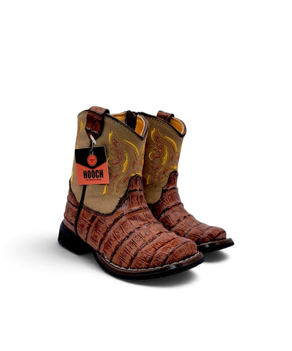 Front pair view of H541 handcrafted Cognac caiman belly print baby boots