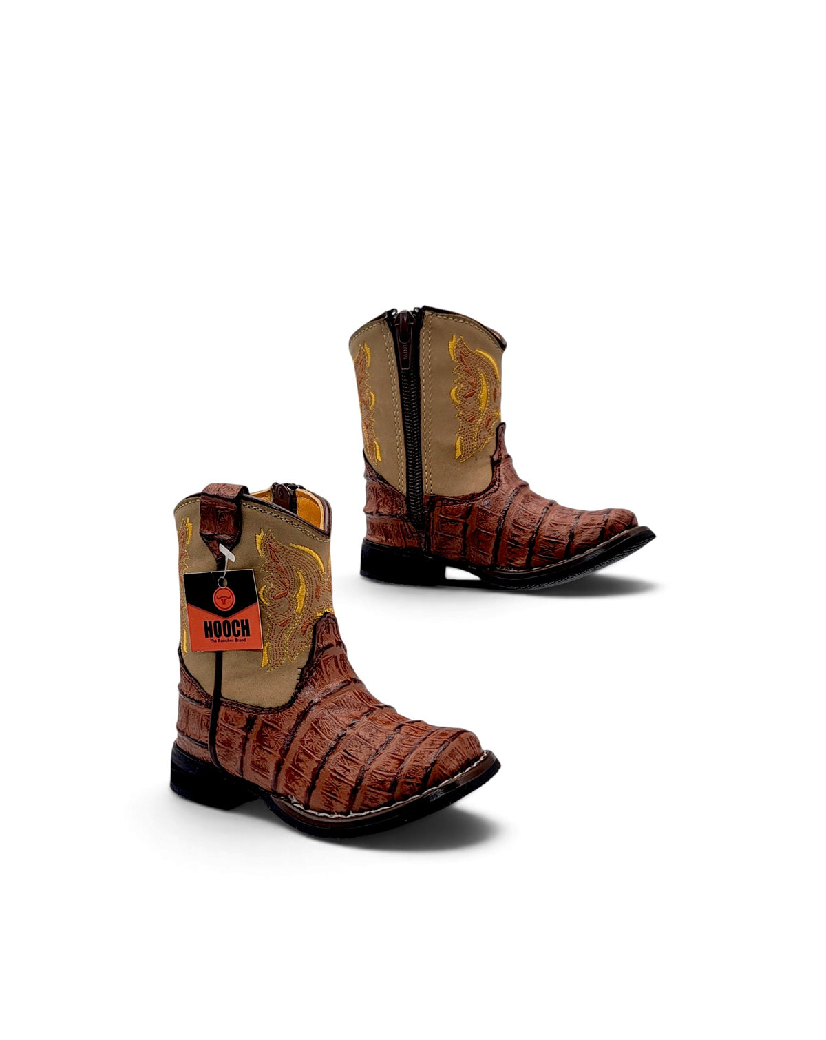 Side zipper view of H541 Cognac caiman belly print baby cowboy boots