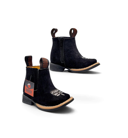 HB-600 black suede leather baby botín – front and side view