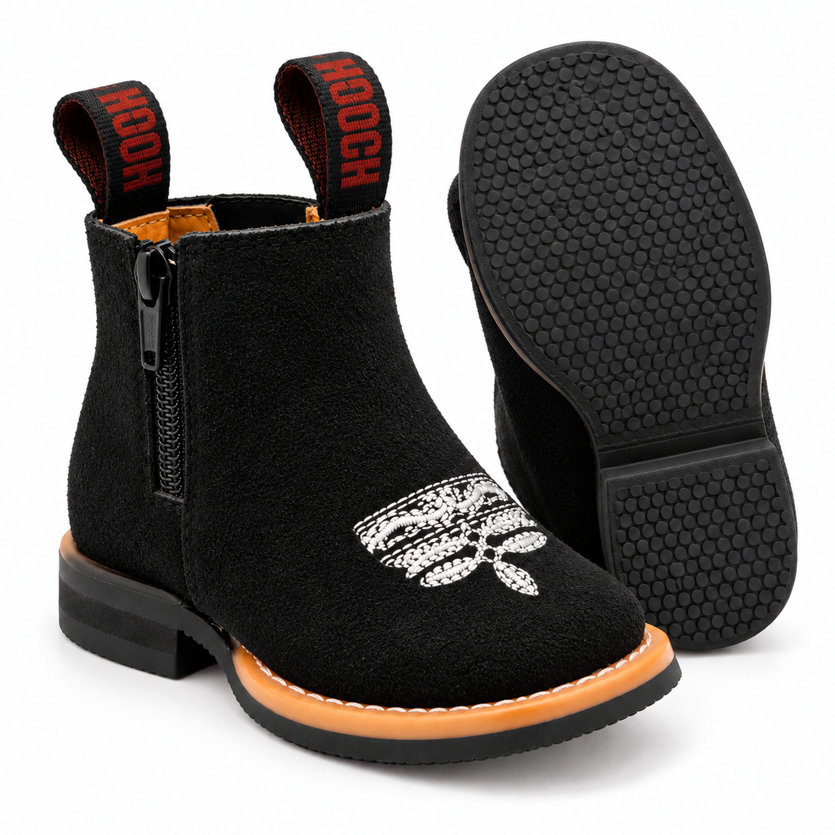 HB-600 black suede baby western boots with rubber sole detail