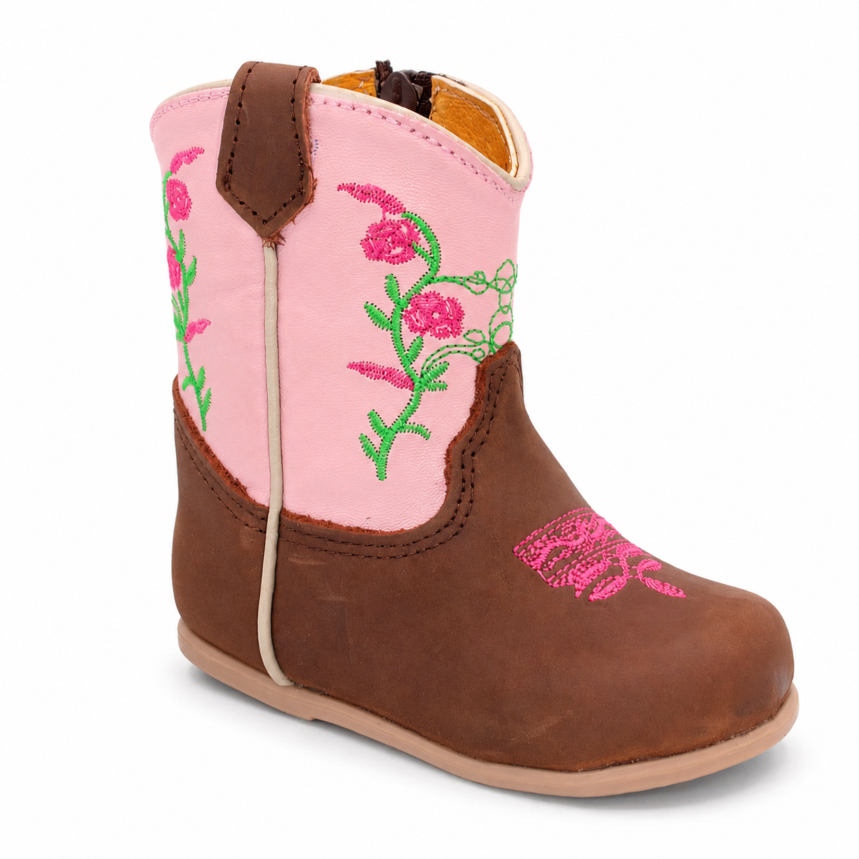 Hooch H504 brown and pink genuine leather floral embroidered baby cowboy boot