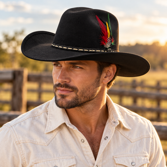 Man wearing a black faux felt Texana cowboy hat with feather and braided band at a ranch