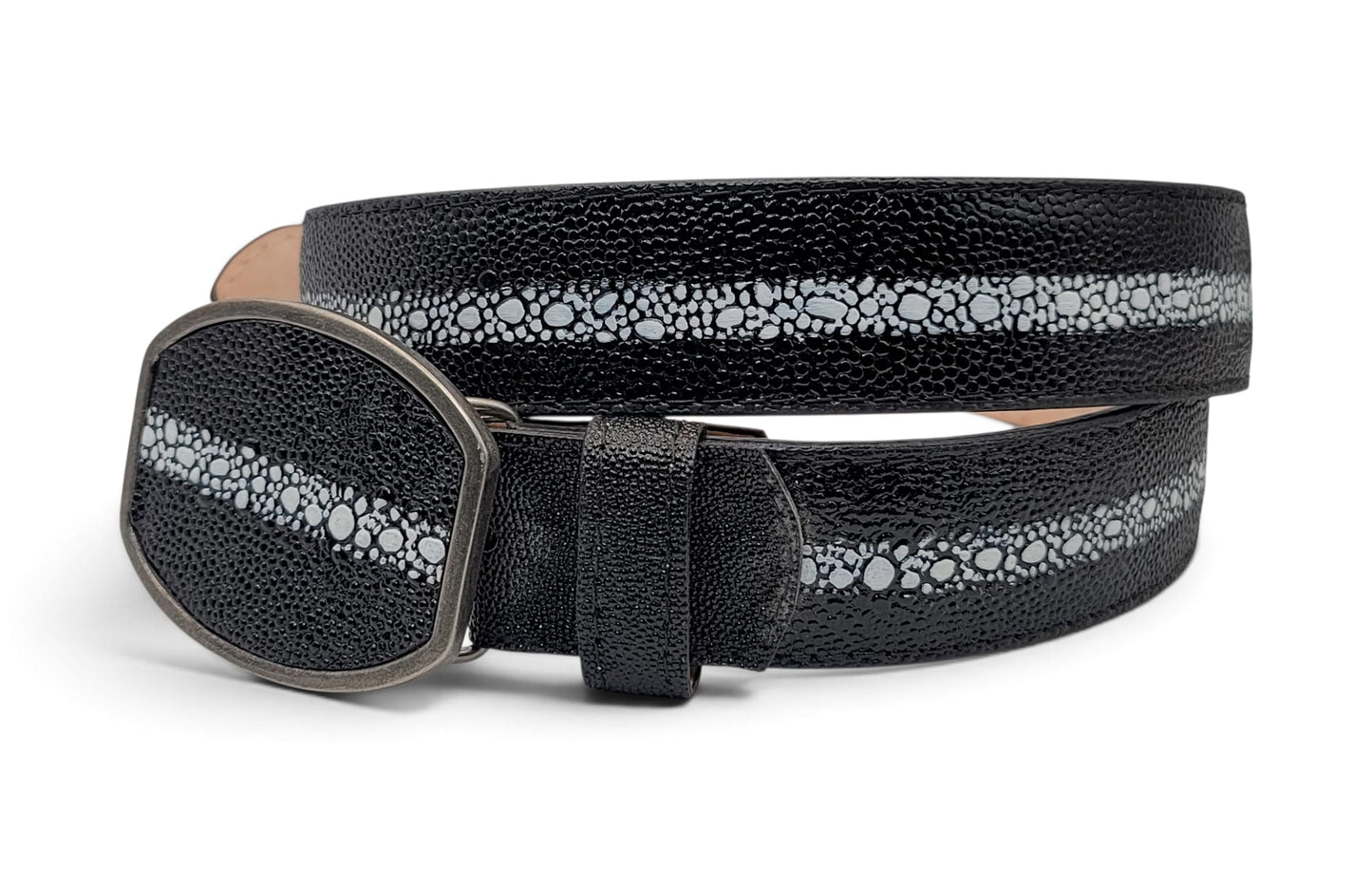 Matching men’s black rowstone stingray-print genuine leather Western belt