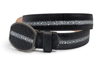 Matching men’s black rowstone stingray-print genuine leather Western belt