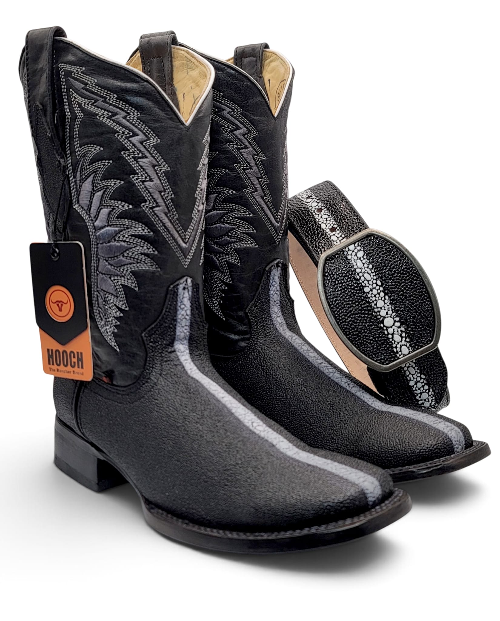 Men’s full rowstone stingray-print Western boots and matching black leather belt