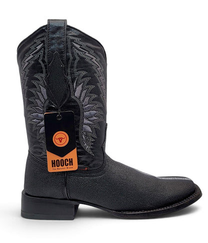 Alternate side view of men’s black stingray-print Western boot with embroidered shaft