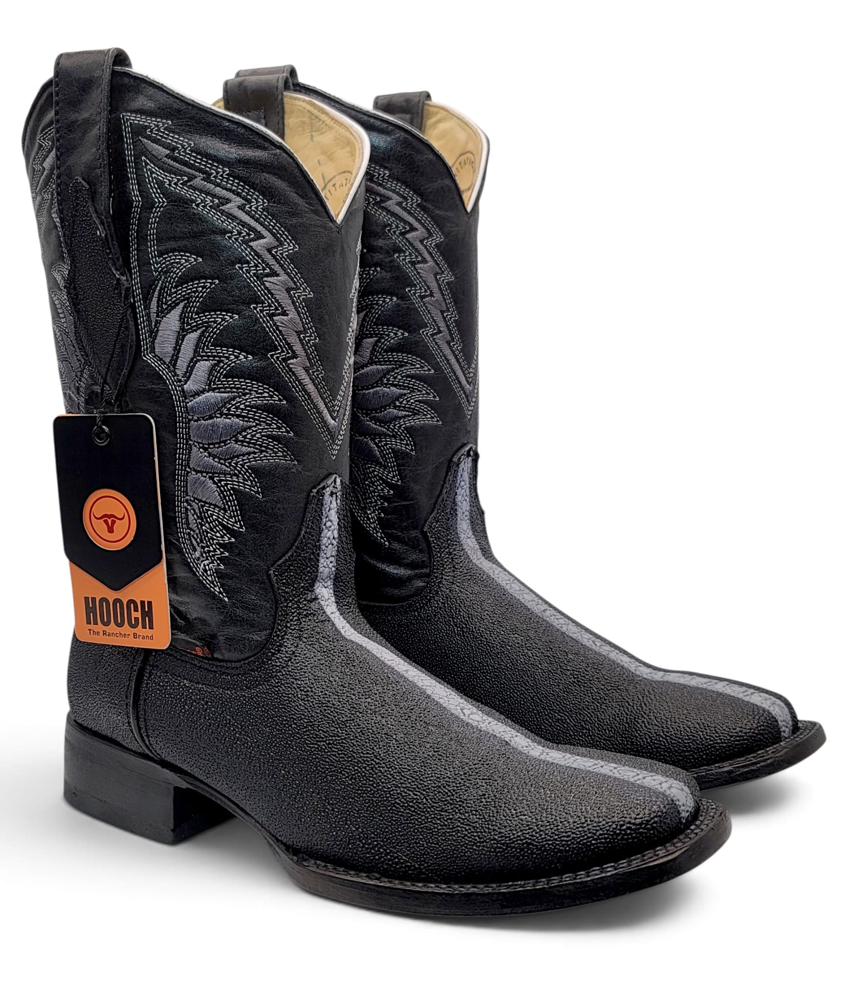 Pair of men’s black full rowstone stingray-print wide square toe Western boots